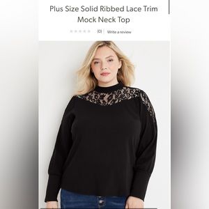 Plus Size Solid Ribbed Lace Trim Mock Neck Top